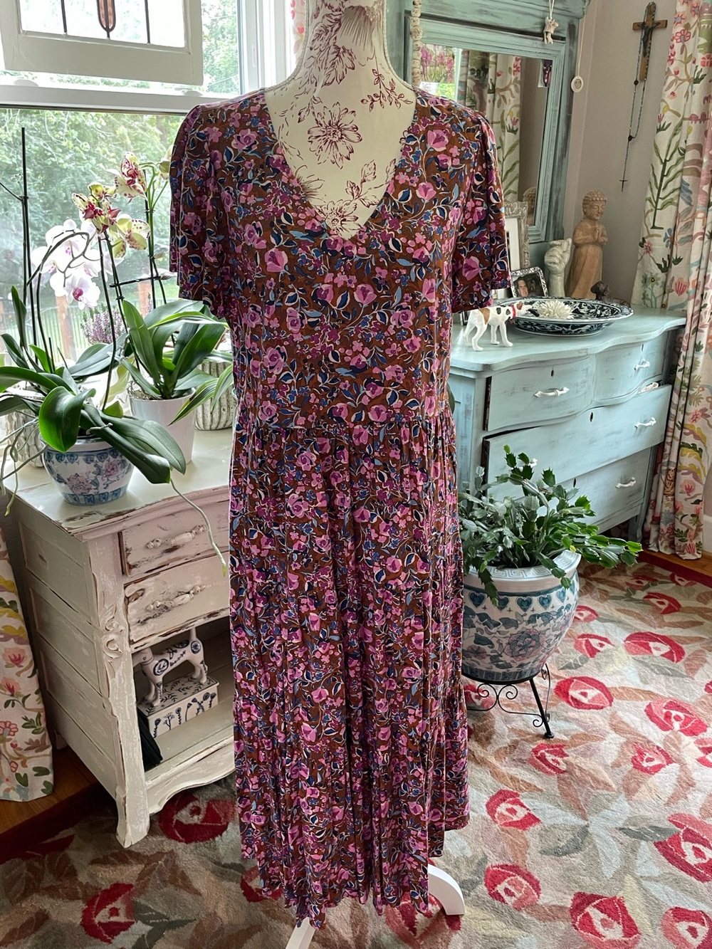 J.Crew Factory dress. Floral V-Neck Midi Dress in Brown and Pink